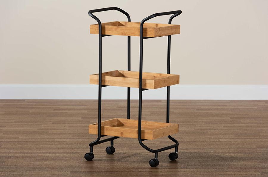 Wholesale Interiors Kitchen & Bar Carts - Baxter Contemporary Oak Brown Wood and Black Metal 3-Tier Mobile Kitchen Cart