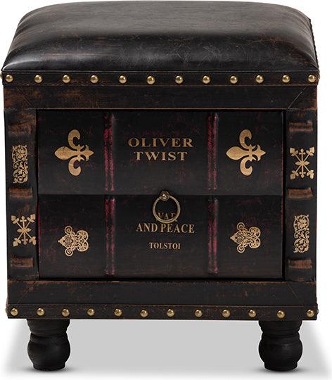 Wholesale Interiors Ottomans & Stools - Charlier Inspired Dark Brown Faux Leather Upholstered Wood Storage Ottoman With Book Spine Drawer