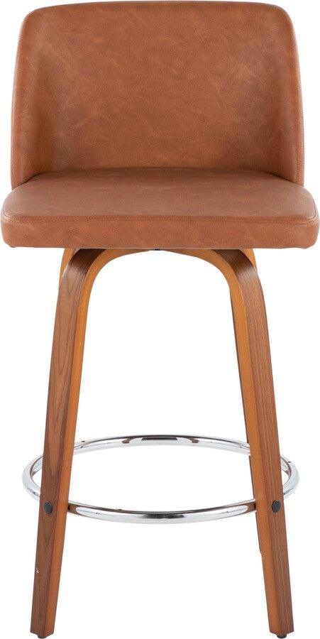 Lumisource Barstools - Toriano 26" Fixed Height Counter Stool With Swivel In Walnut Wood Camel Faux Leather Set 2