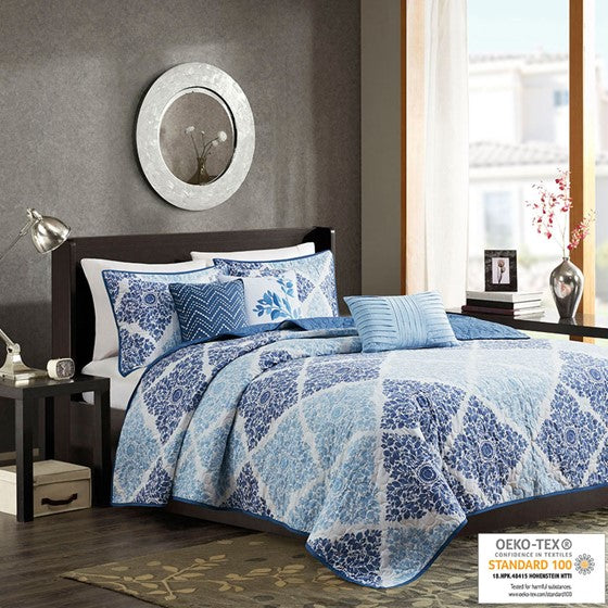 Olliix.com Coverlet - 6 Piece Printed Quilt Set with Throw Pillows Blue Full/Queen