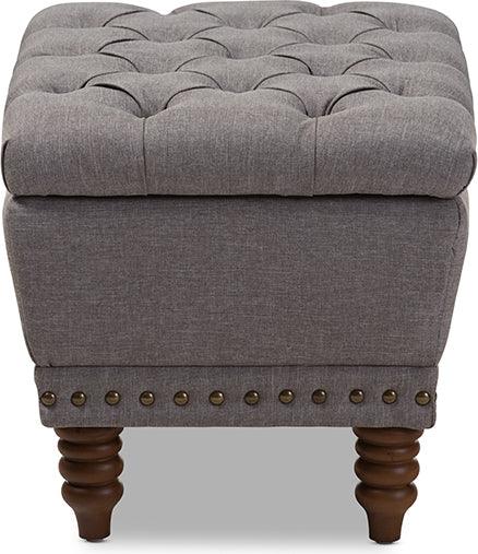 Wholesale Interiors Ottomans & Stools - Annabelle Light Grey Fabric Upholstered Walnut Wood Finished Button-Tufted Storage Ottoman