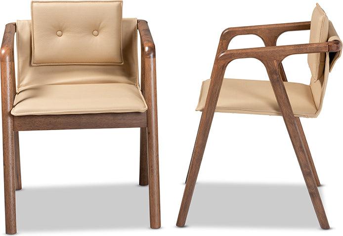 Wholesale Interiors Dining Chairs - Marcena Mid-Century Modern Beige Leather and Brown Wood 2-Piece Dining Chair Set