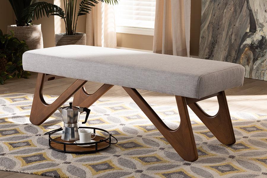 Wholesale Interiors Benches - Rika Mid-Century Modern Greyish Beige Fabric Walnut Brown Boomerang Bench