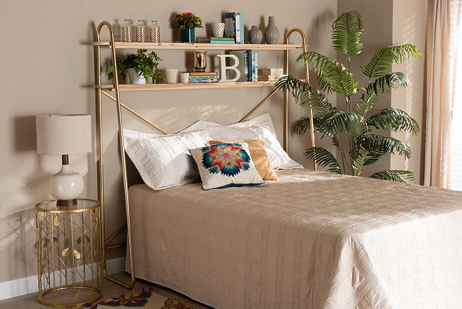 Wholesale Interiors Bedroom Organization - Merida Gold Metal and Brown Wood 2-Tier Over Bed Queen Size Storage Shelf