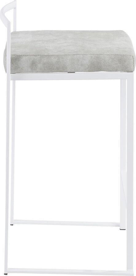 Lumisource Barstools - Fuji Stackable Counter Stool in White with Light Grey Cowboy Fabric Cushion - Set of 2