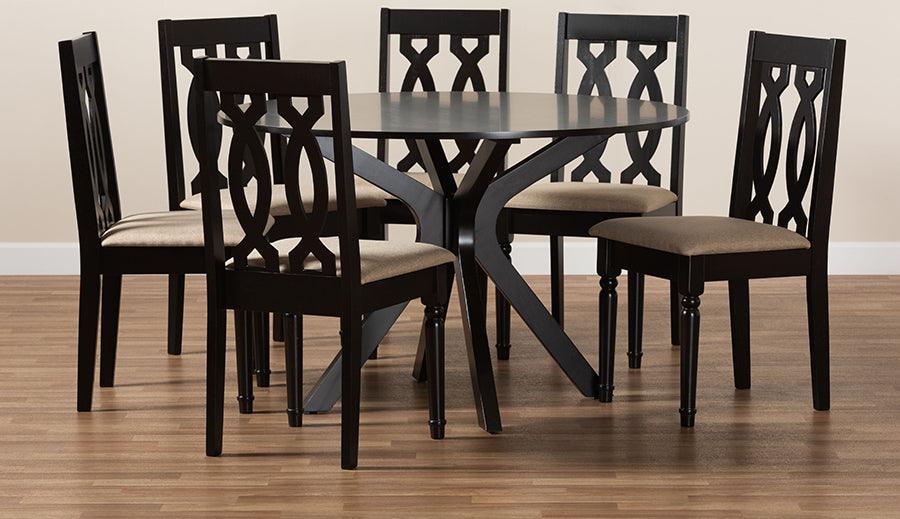 Wholesale Interiors Dining Sets - Callie Sand Fabric Upholstered and Dark Brown Finished Wood 7-Piece Dining Set