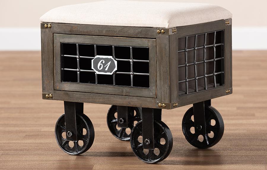 Wholesale Interiors Ottomans & Stools - Harley Transitional Beige Fabric and Black Metal 1-Drawer Wheeled Storage Ottoman