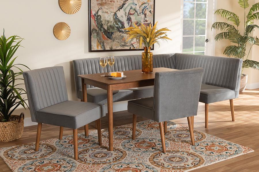 Wholesale Interiors Dining Sets - Alvis Mid-Century Grey Velvet Upholstered and Walnut Brown Finished Wood 5-Piece Dining Nook Set