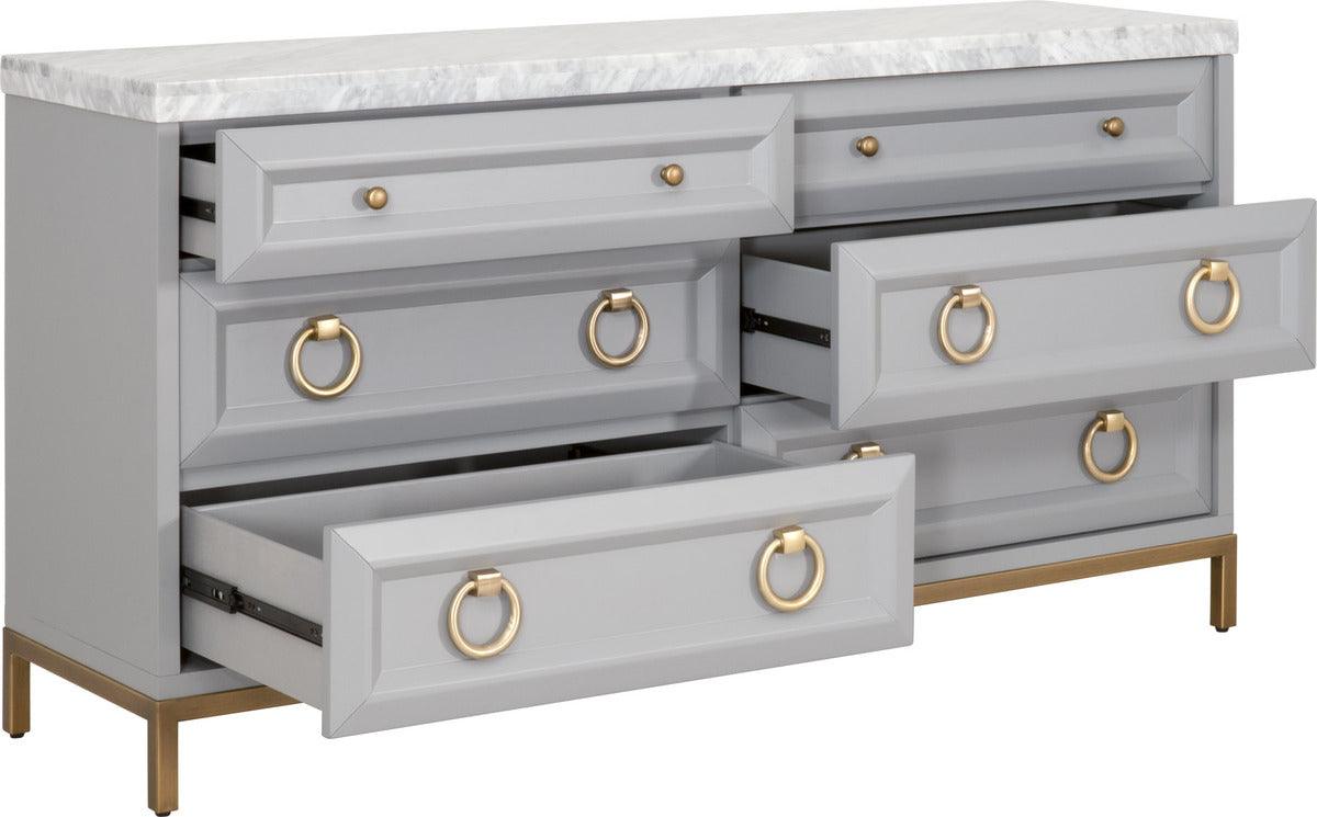 Essentials For Living Dressers - Azure Carrera 6-Drawer Double Dresser Dove Gray, White Carrera Marble, Brushed Gold
