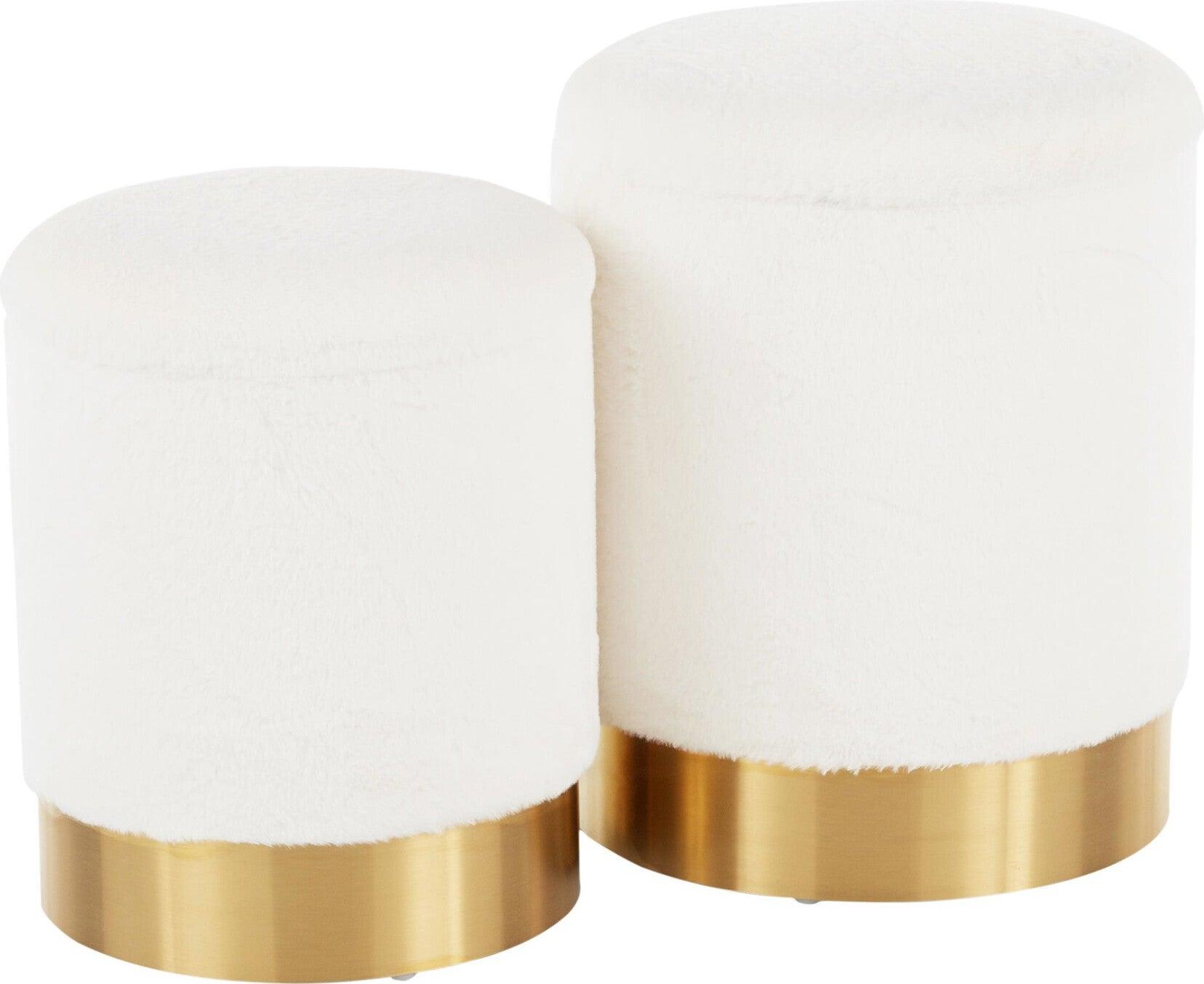 Lumisource Ottomans & Stools - Marla Contemporary Nesting Ottoman Set Gold Metal & Cream Plush Fabric