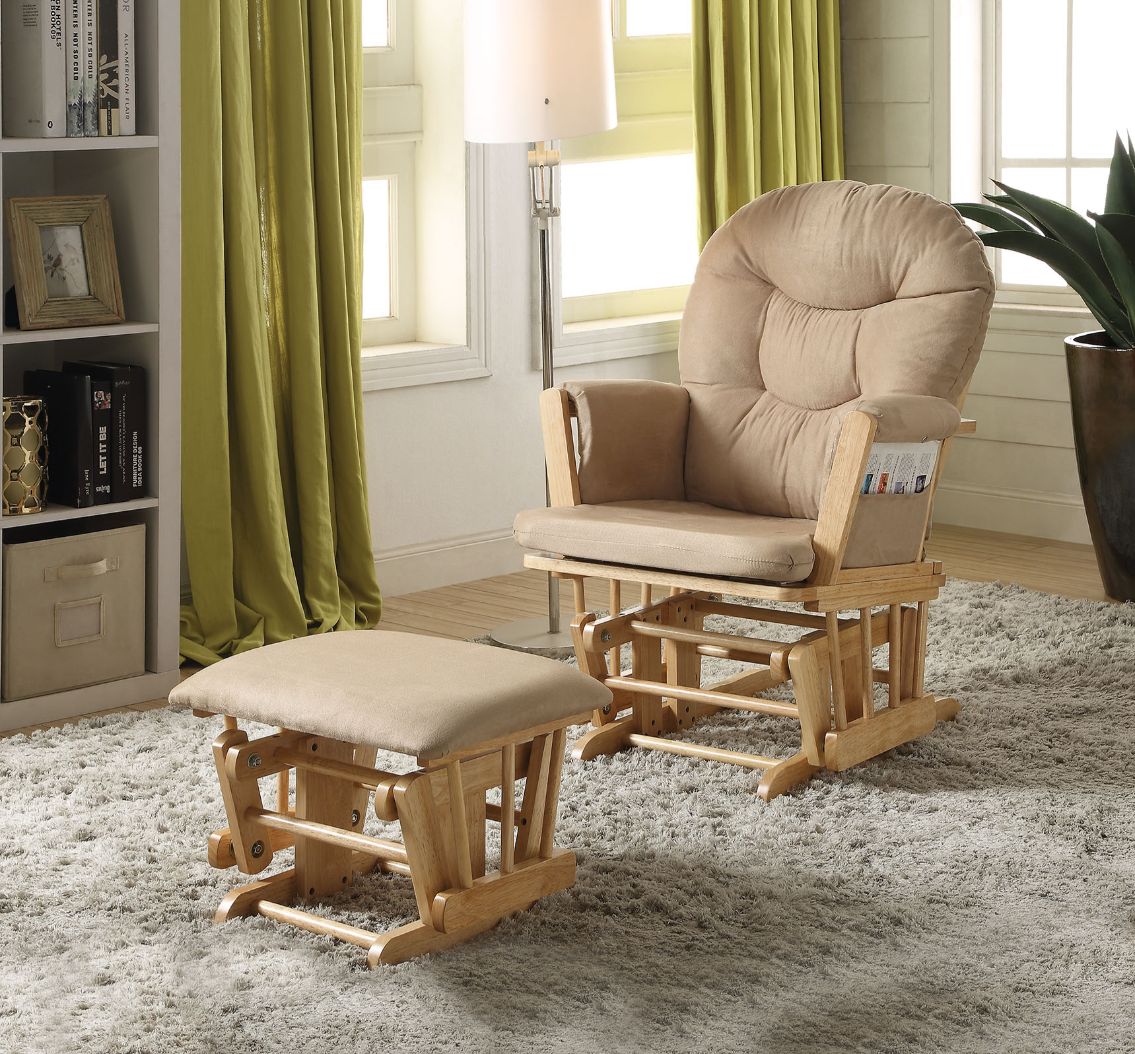 ACME Accent Chairs - ACME Rehan 2Pc Pack Glider Chair & Ottoman, Taupe Mfb & Natural Oak