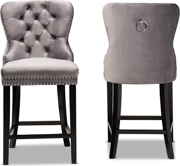 Wholesale Interiors Barstools - Howell Modern Grey Velvet Upholstered and Dark Brown Finished Wood 2-Piece Counter Stool Set