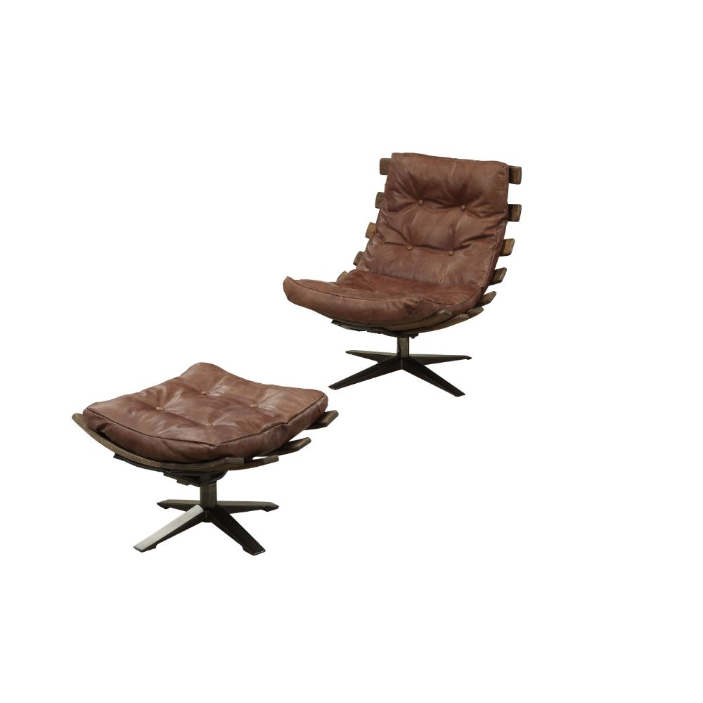 ACME Furniture TV & Media Units - ACME Gandy 2Pc Pack Chair & Ottoman, Retro Brown Top Grain Leather