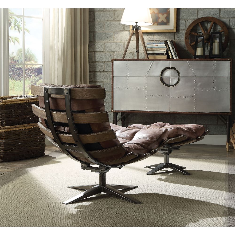 ACME Furniture TV & Media Units - ACME Gandy 2Pc Pack Chair & Ottoman, Retro Brown Top Grain Leather