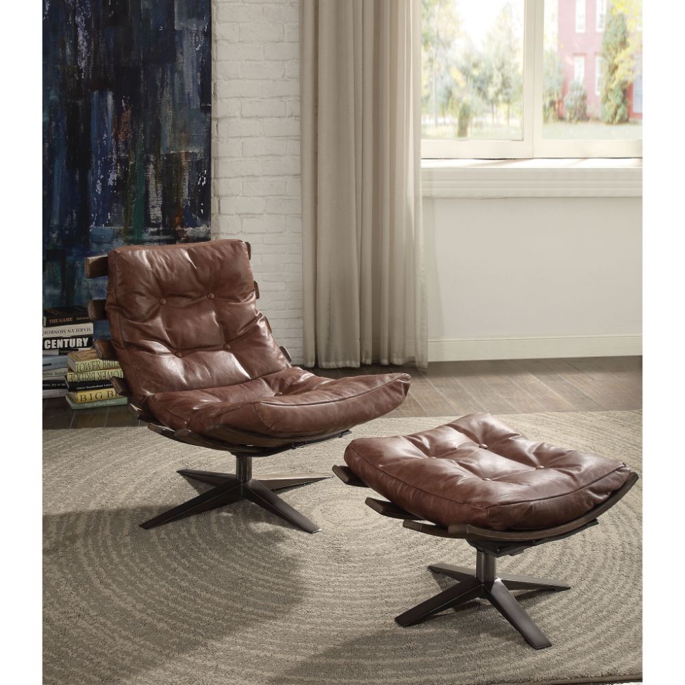 ACME Furniture TV & Media Units - ACME Gandy 2Pc Pack Chair & Ottoman, Retro Brown Top Grain Leather