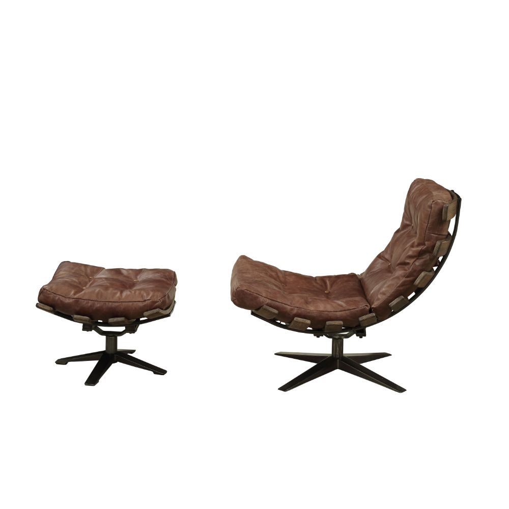 ACME Furniture TV & Media Units - ACME Gandy 2Pc Pack Chair & Ottoman, Retro Brown Top Grain Leather