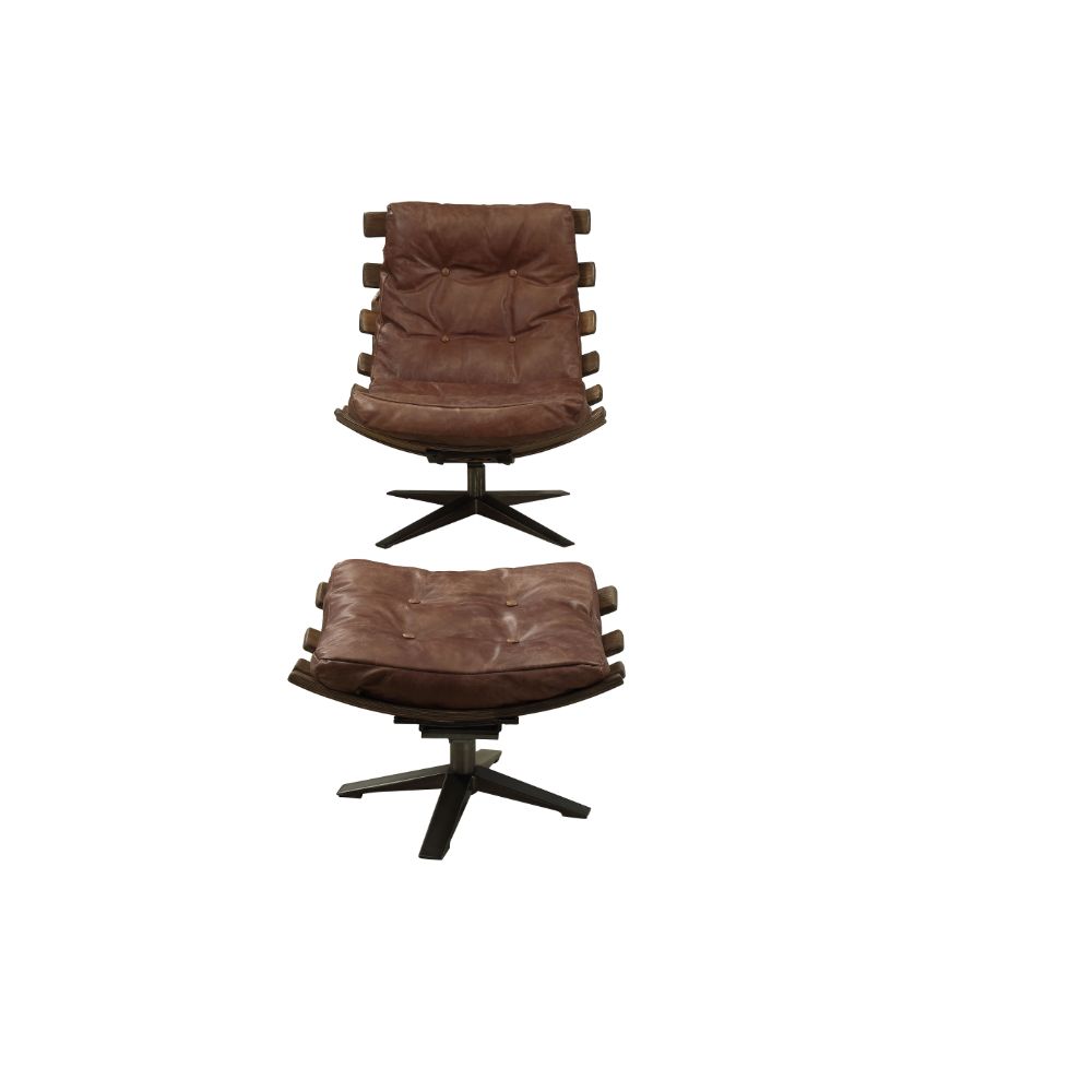 ACME Furniture TV & Media Units - ACME Gandy 2Pc Pack Chair & Ottoman, Retro Brown Top Grain Leather