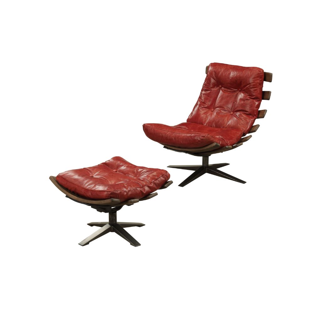 ACME Furniture TV & Media Units - ACME Gandy 2Pc Pack Chair & Ottoman, Antique Red Top Grain Leather