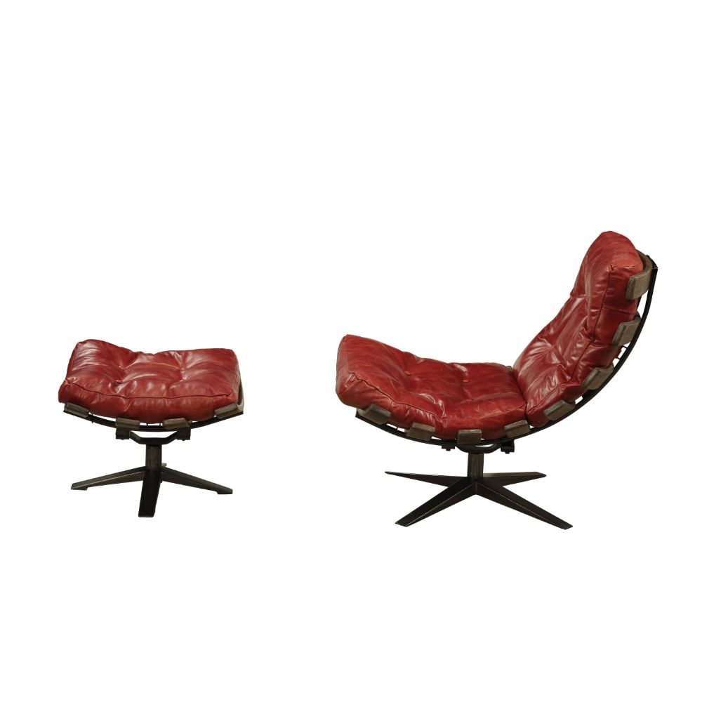 ACME Furniture TV & Media Units - ACME Gandy 2Pc Pack Chair & Ottoman, Antique Red Top Grain Leather