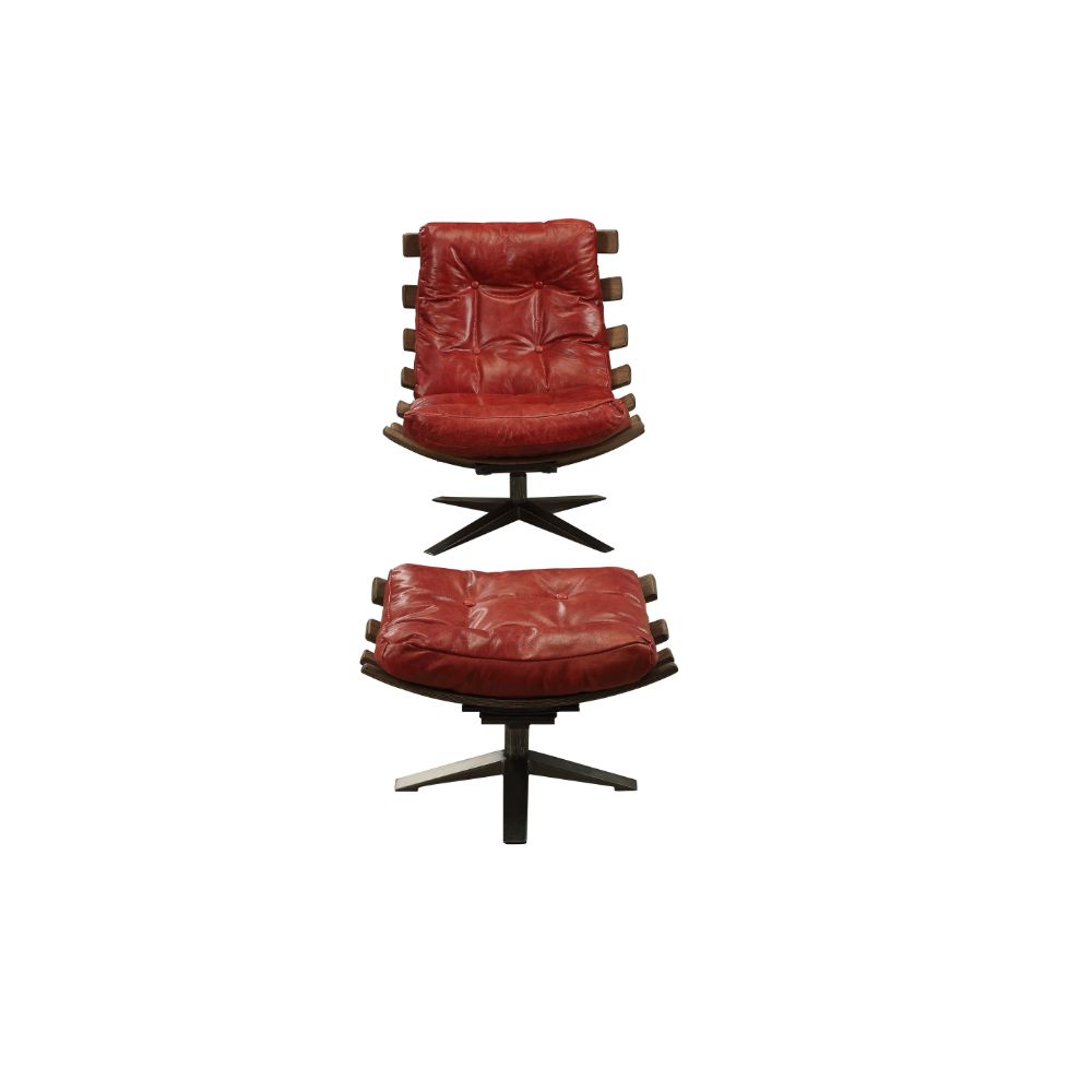 ACME Furniture TV & Media Units - ACME Gandy 2Pc Pack Chair & Ottoman, Antique Red Top Grain Leather