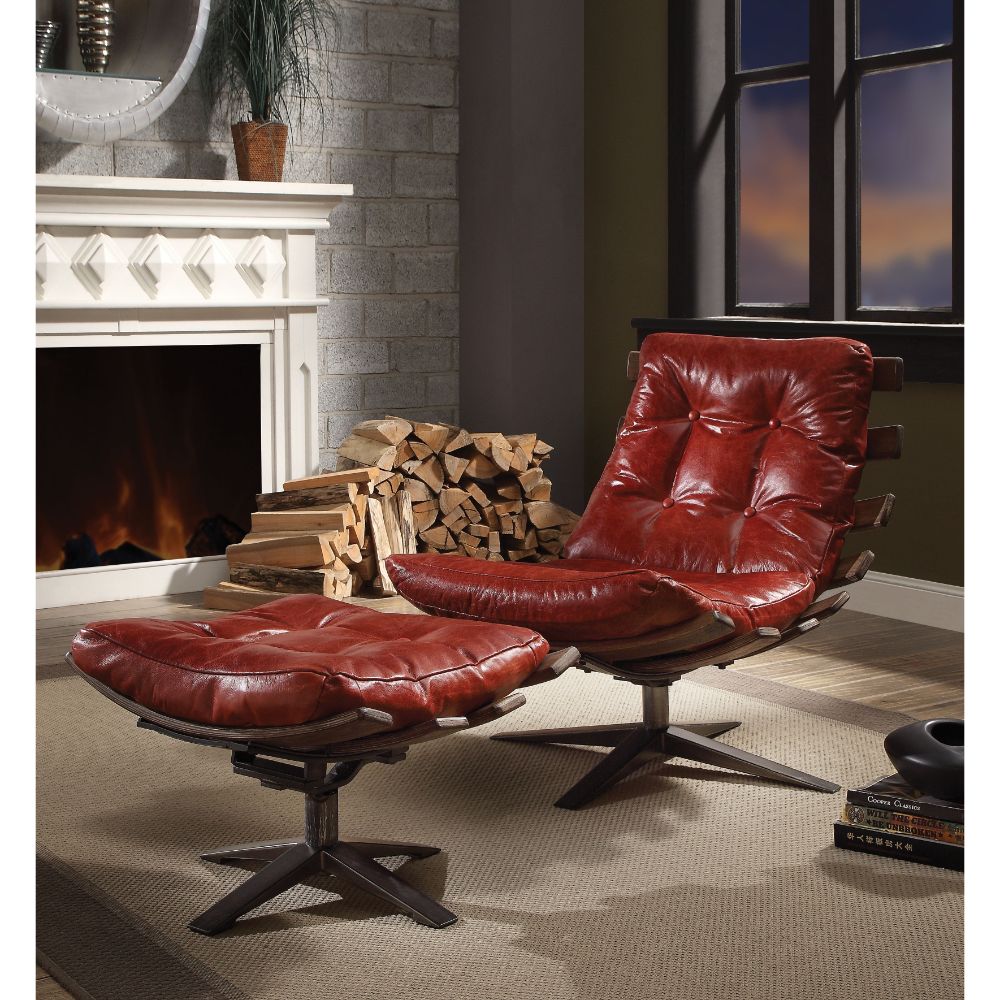 ACME Furniture TV & Media Units - ACME Gandy 2Pc Pack Chair & Ottoman, Antique Red Top Grain Leather