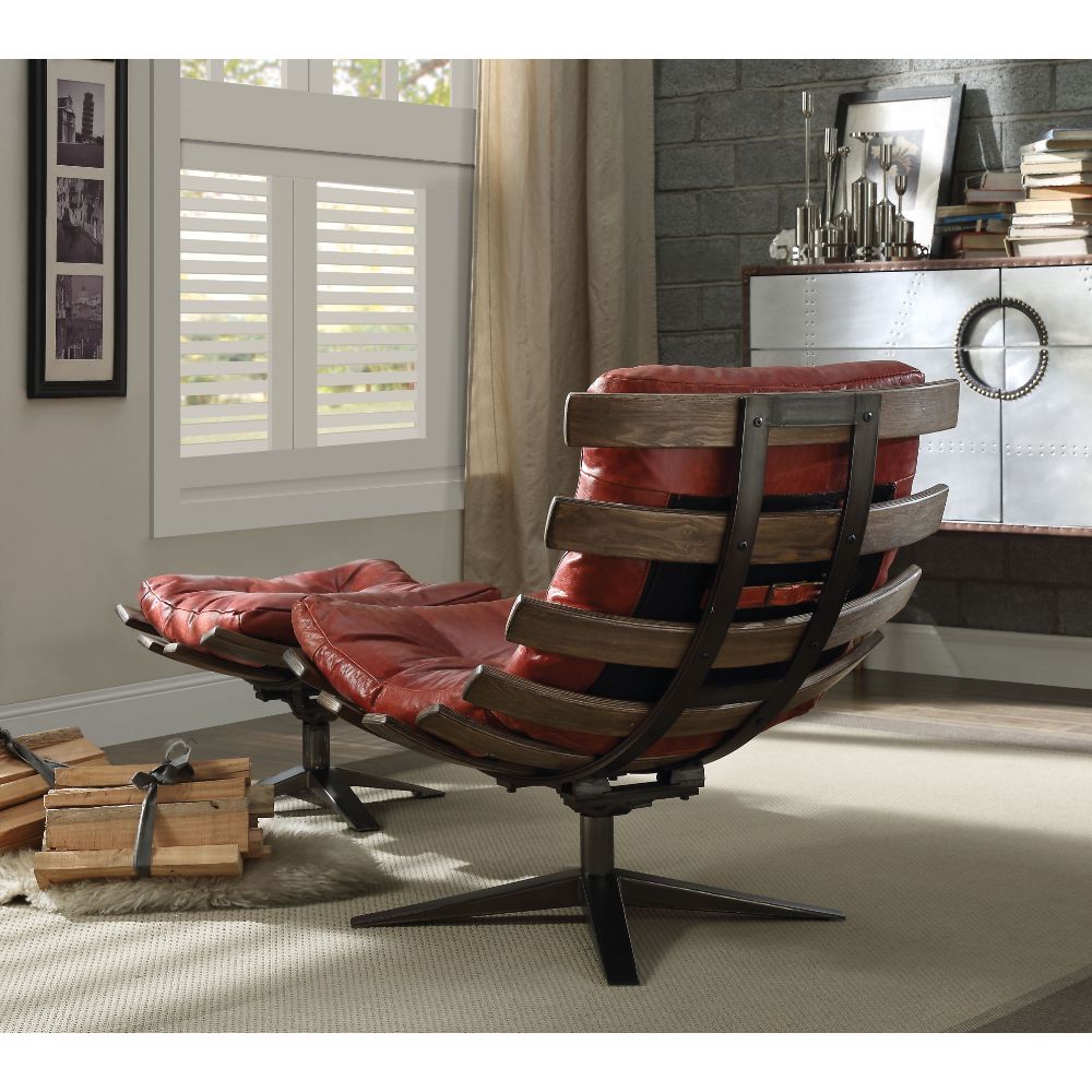 ACME Furniture TV & Media Units - ACME Gandy 2Pc Pack Chair & Ottoman, Antique Red Top Grain Leather