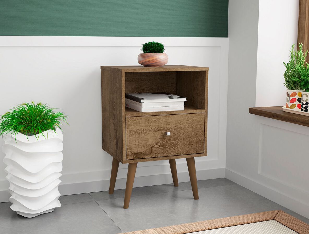 Manhattan Comfort Nightstands & Side Tables - Liberty Mid-Century - Modern Nightstand 1.0 with 1 Cubby Space & 1 Drawer in Rustic Brown