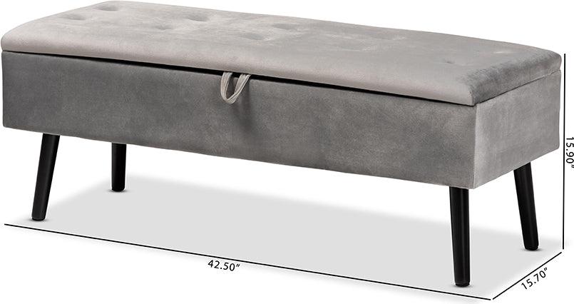 Wholesale Interiors Benches - Caine Modern and Contemporary Grey Velvet and Dark Brown Wood Storage Bench