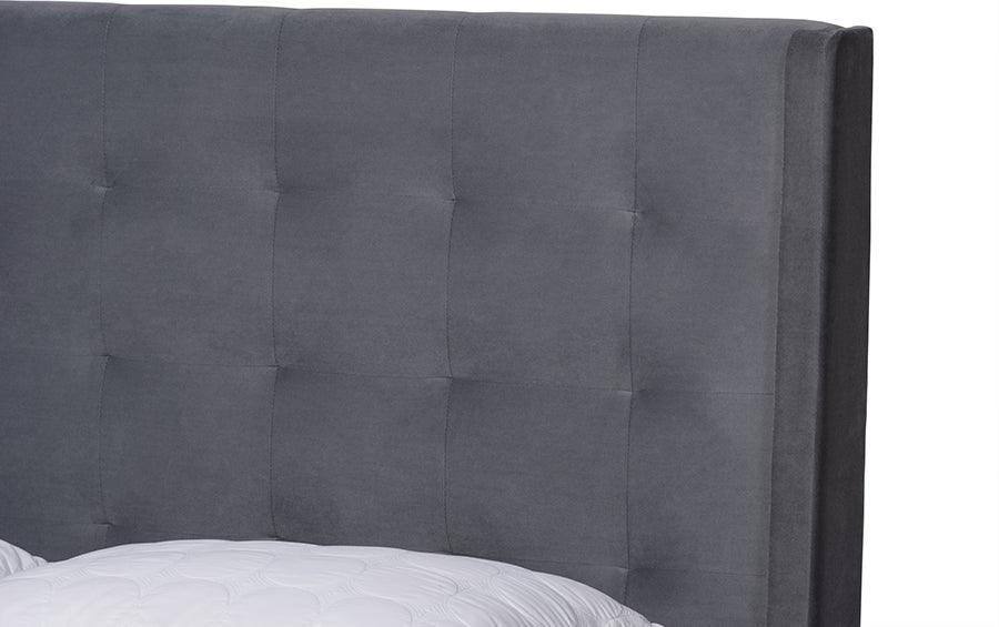 Wholesale Interiors Beds - Gothard Grey Velvet Fabric Upholstered and Dark Brown Finished Wood Queen Size Platform Bed