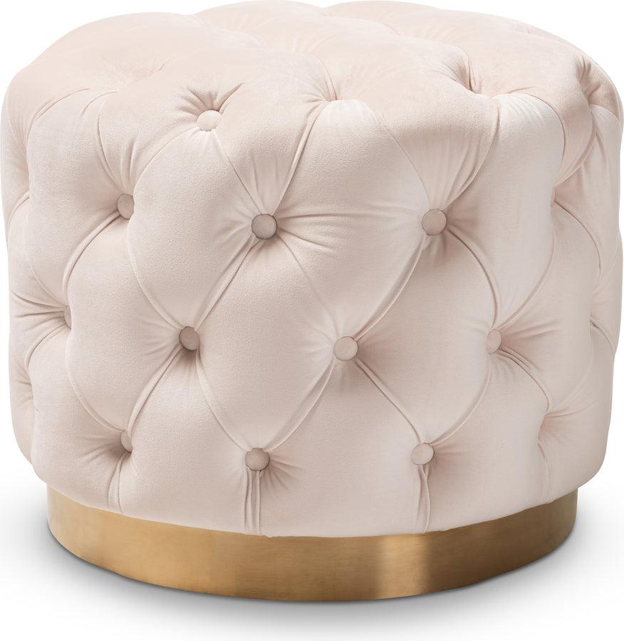 Wholesale Interiors Ottomans & Stools - Valeria Glam Light Beige Velvet Gold-Finished Button Tufted Ottoman