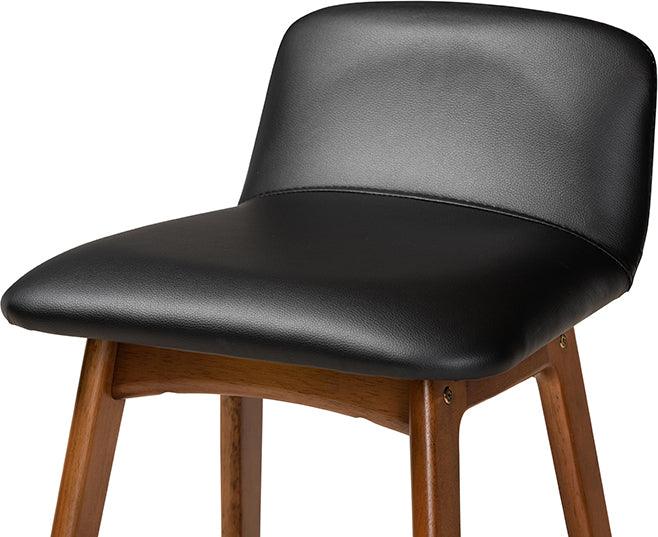 Wholesale Interiors Barstools - Darrin Mid-Century Modern Black Faux Leather and Brown Wood 2-Piece Counter Stool Set