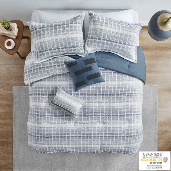Olliix.com Comforters & Blankets - 5 Piece Cotton Jacquard Waffle Weave Comforter Set Blue Full/Queen
