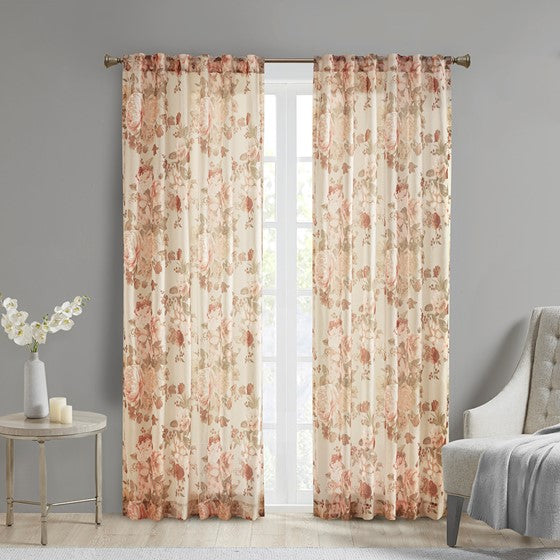 Printed Floral Rod Pocket and Back Tab Voile Sheer Curtain Blush