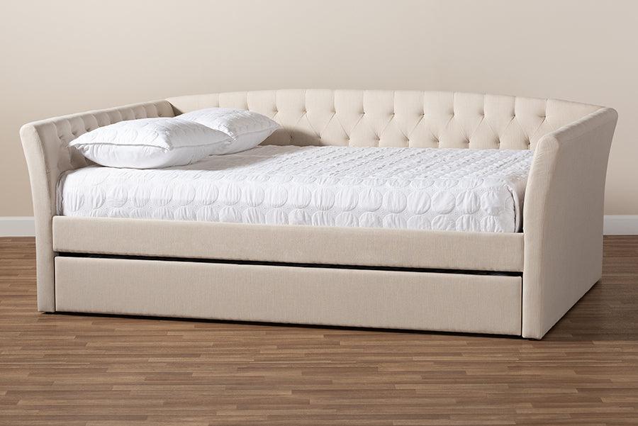 Wholesale Interiors Beds - Delora Contemporary Beige Fabric Full Size Daybed with Roll-Out Trundle Bed