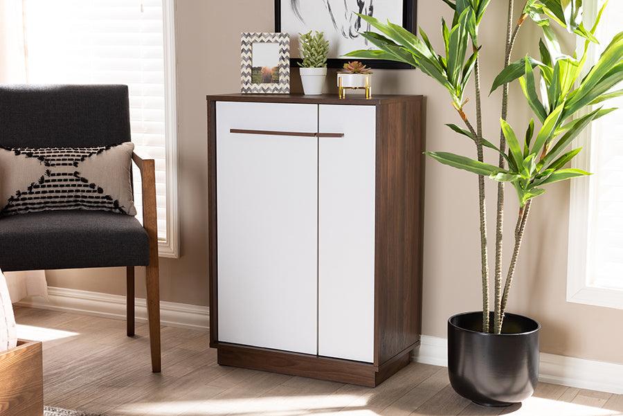 Wholesale Interiors Shoe Storage - Mette Mid-Century Modern White and Walnut 5-Shelf Wood Entryway Shoe Cabinet