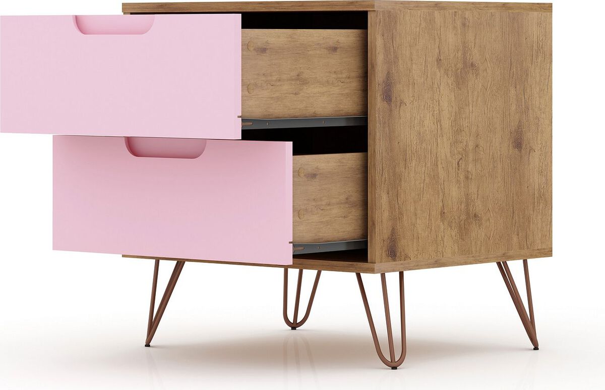 Manhattan Comfort Nightstands & Side Tables - Rockefeller 2-Drawer Nature and Rose Pink Nightstand (Set of 2)