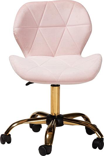 Wholesale Interiors Task Chairs - Savara Contemporary Glam and Luxe Blush Pink Velvet Fabric and Gold Metal Swivel Office Chair
