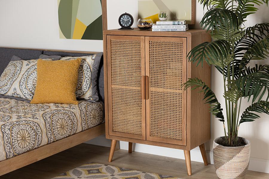 Wholesale Interiors Buffets & Cabinets - Alina Mid-Century Modern Medium Oak Finished Wood and Rattan 2-Door Accent Storage Cabinet