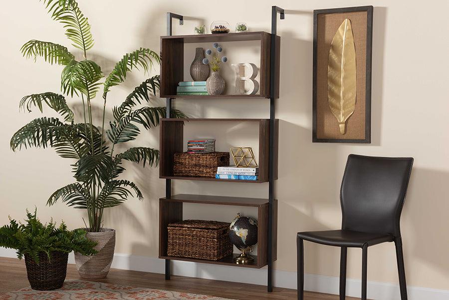 Wholesale Interiors Bookcases & Display Units - Aldis Modern Industrial Walnut Brown Wood and Black Metal 3-Tier Display Shelf