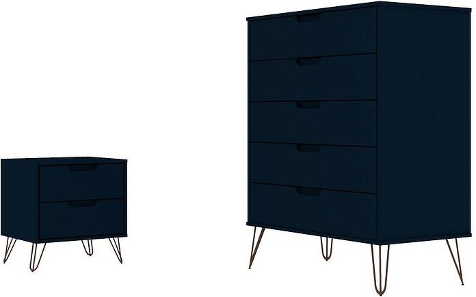 Manhattan Comfort Dressers - Rockefeller Tatiana Midnight Blue 5-Drawer Dresser and 2-Drawer Nightstand Set