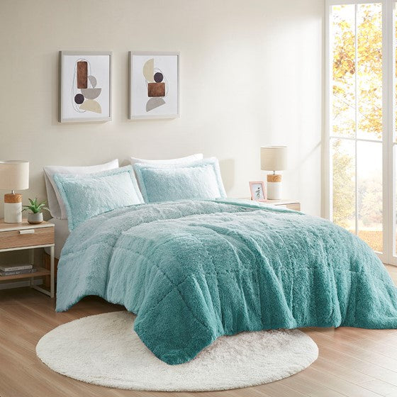 Olliix.com Comforters & Blankets - Ombre Shaggy Long Fur Comforter Mini Set Aqua Full/Queen