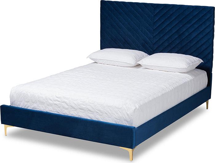 Wholesale Interiors Beds - Fabrico Glam and Luxe Navy Blue Velvet Fabric Upholstered and Gold Metal Full Size Platform Bed