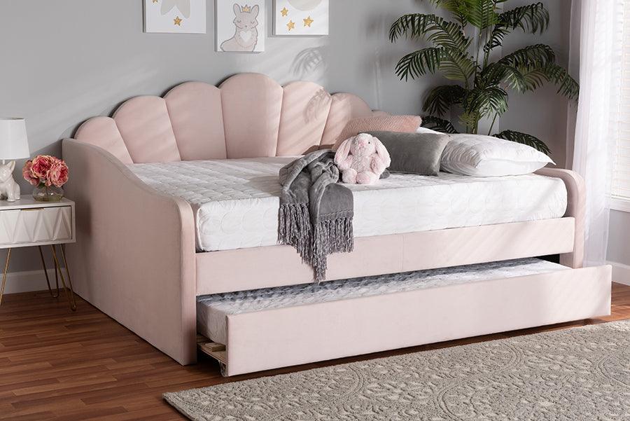 Wholesale Interiors Daybeds - Timila Light Pink Velvet Fabric Upholstered Queen Size Daybed with Trundle