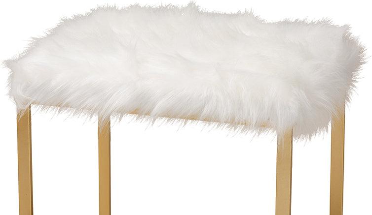 Wholesale Interiors Ottomans & Stools - Gwyn Glam and Luxe White Faux Fur Upholstered and Gold Finished Metal Ottoman