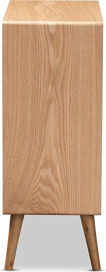 Wholesale Interiors Buffets & Cabinets - Alina Mid-Century Modern Medium Oak Finished Wood and Rattan 4-Drawer Accent Storage Cabinet