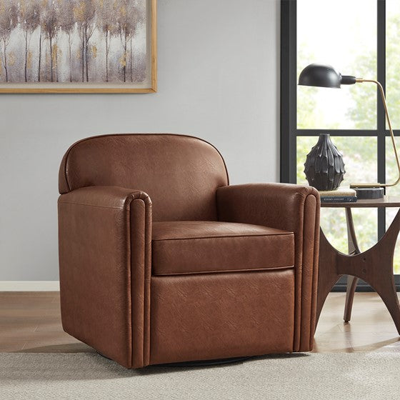 Olliix.com Accent Chairs - Faux Leather 360 Degree Swivel Arm Chair Brown