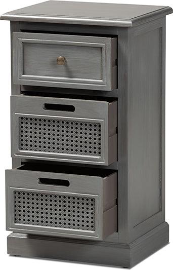 Wholesale Interiors Side & End Tables - Sheldon Vintage Grey Finished Wood and Synthetic Rattan 3-Drawer End Table