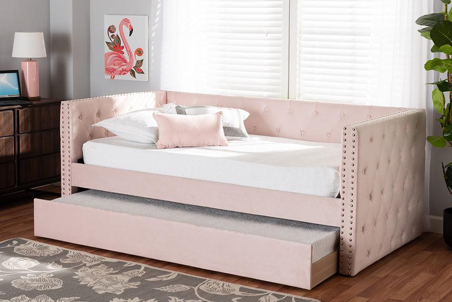 Wholesale Interiors Daybeds - Larkin Pink Velvet Fabric Upholstered Twin Size Daybed with Trundle