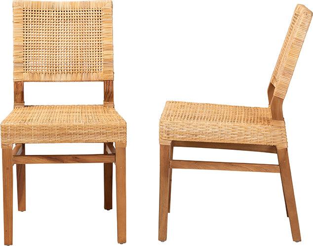 Wholesale Interiors Dining Chairs - Lesia Modern Bohemian Natural Brown Rattan and Walnut Brown Mahogany Wood 2-Piece Dining Chair Set
