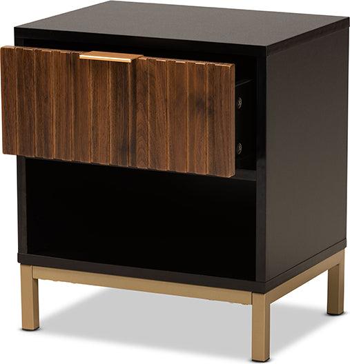 Shop Uriel Two Tone Natural Brown and Black Finished Wood and Brushed Gold Metal 1 Drawer Nightstand Nightstands Side Tables CasaOne